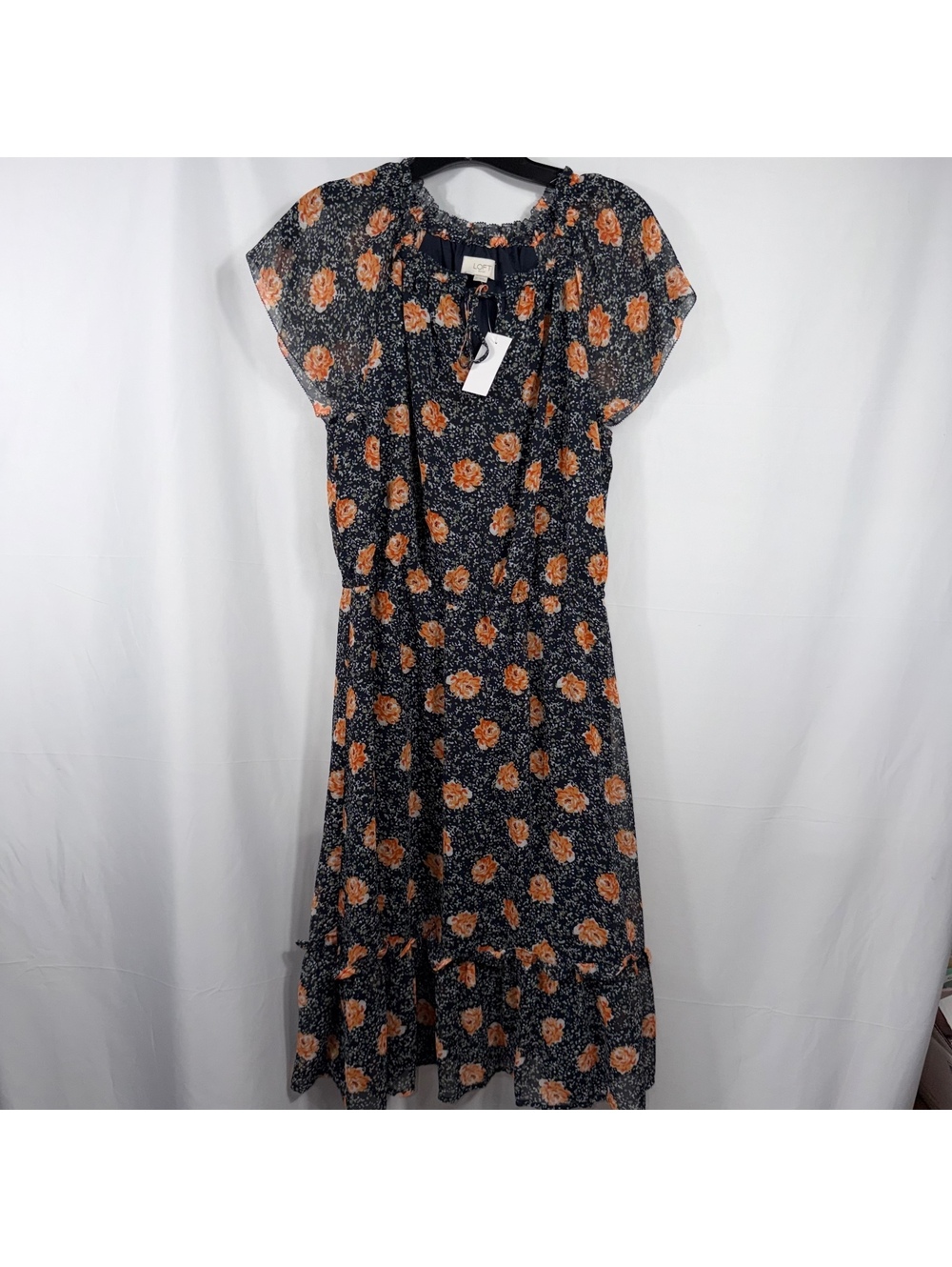 LOFT Outlet Floral Midi Dress M Black Orange Ruffle NWT